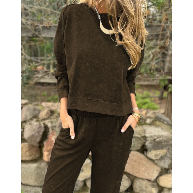 Vintage Washed Pullover Cropped Hoodie & Pants Set
