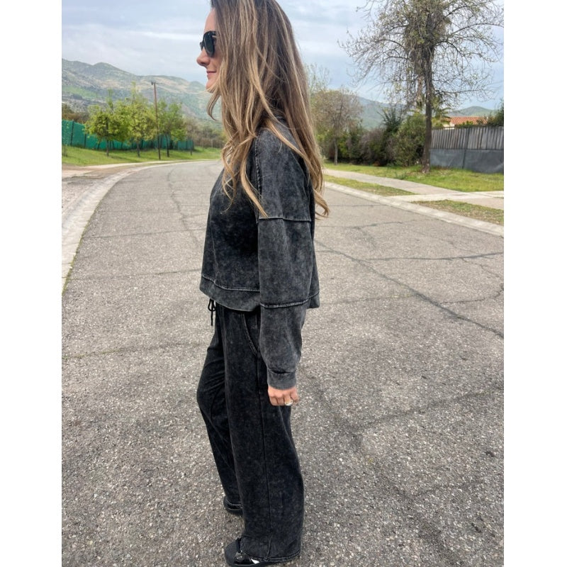 Vintage Washed Pullover Cropped Hoodie & Pants Set