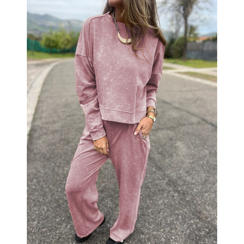 Vintage Washed Pullover Cropped Hoodie & Pants Set