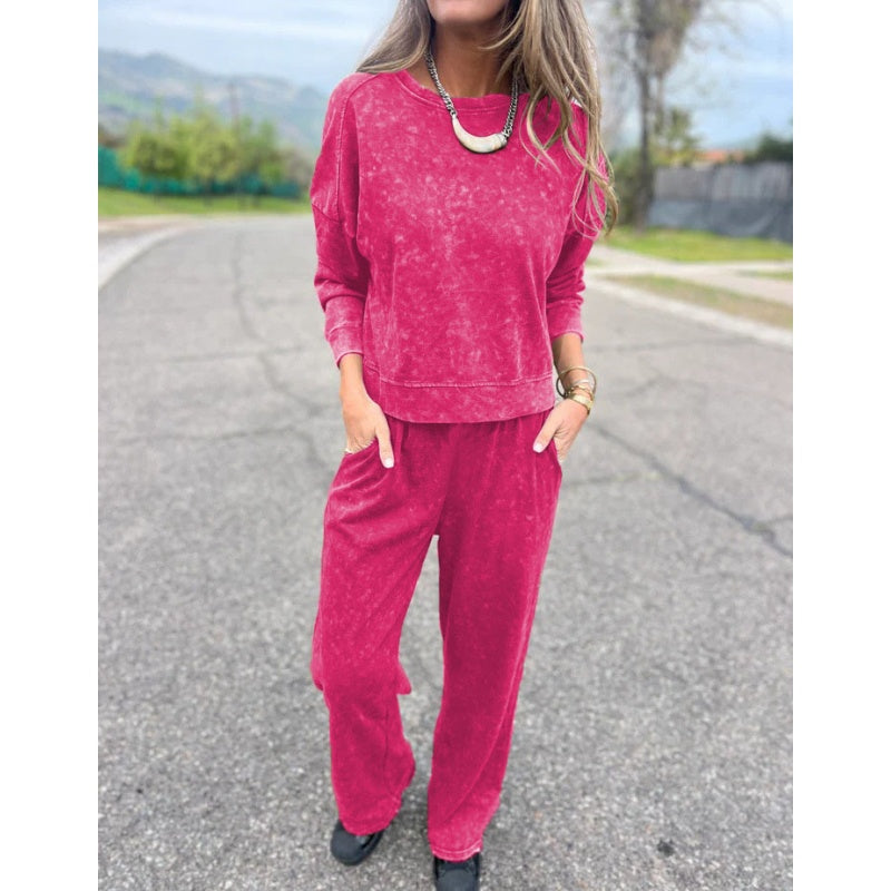 Vintage Washed Pullover Cropped Hoodie & Pants Set