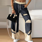 Patchwork Denim Elastic Drawstring Wide-Leg Pants