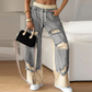 Patchwork Denim Elastic Drawstring Wide-Leg Pants