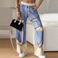 Patchwork Denim Elastic Drawstring Wide-Leg Pants