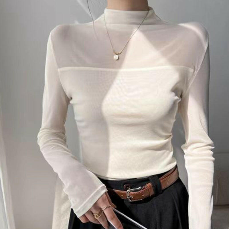 Women's Sparkle Mesh Sheer Long Sleeve Ruched Top
