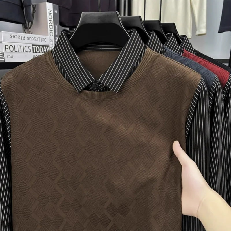 Men's Casual Faux Two-Piece Long-Sleeve Top