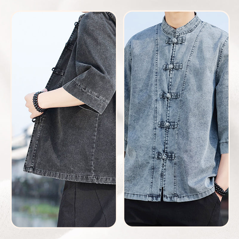 Men's Washed Denim Top & Wide Leg Pants 2-Piece Set