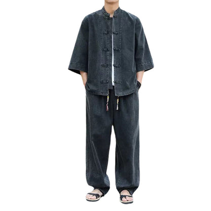 Men's Washed Denim Top & Wide Leg Pants 2-Piece Set