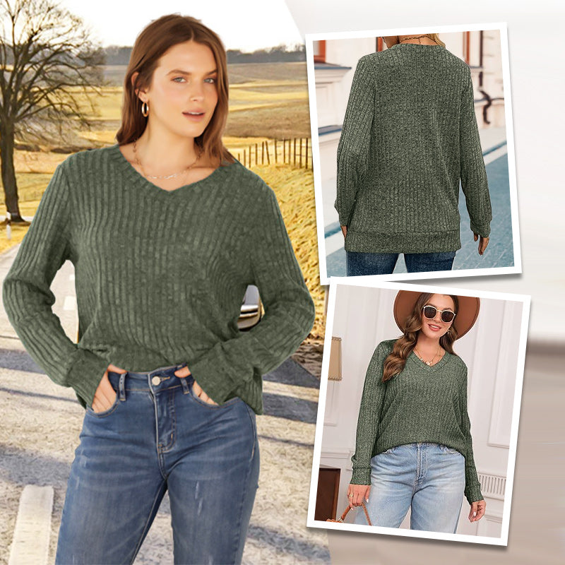 🍂Autumn Hot Sale 50% OFF🔥Women's V Neck Long Sleeve Solid Sweater