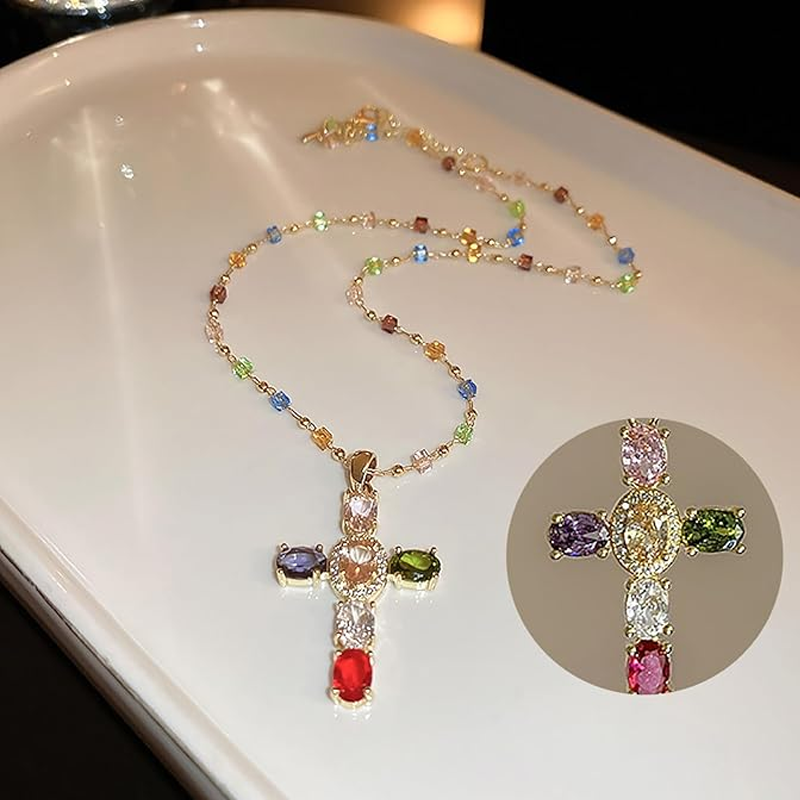 Colorful Rhinestone Cross Pendant Necklaces