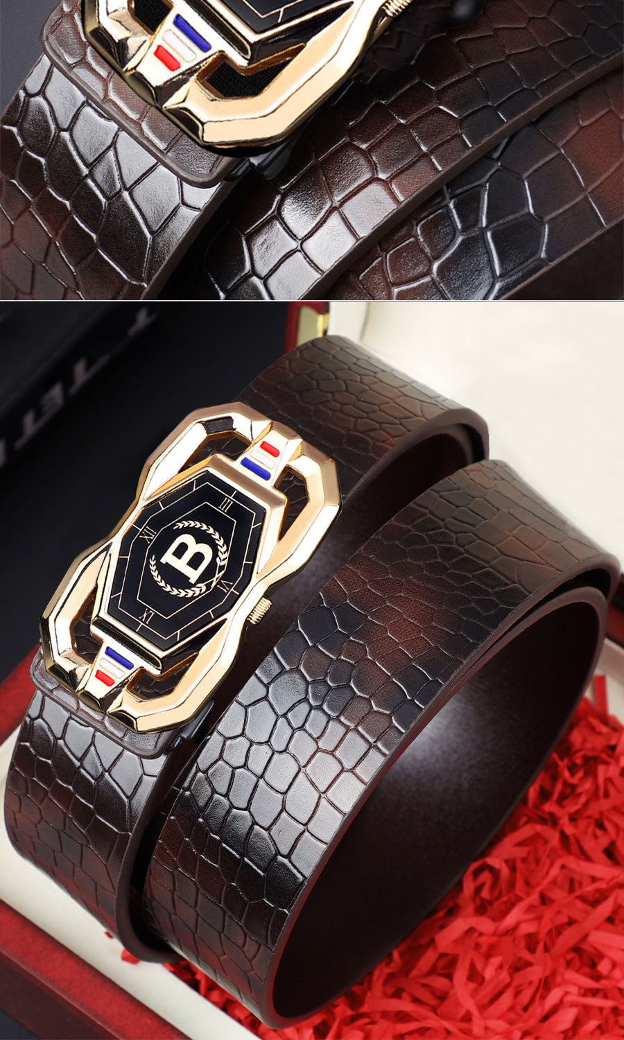 📢📢50%  OFF !! ⏰Leather belt for men with elegant crocodile leather pattern, with automatic buckle and made of cowhide.