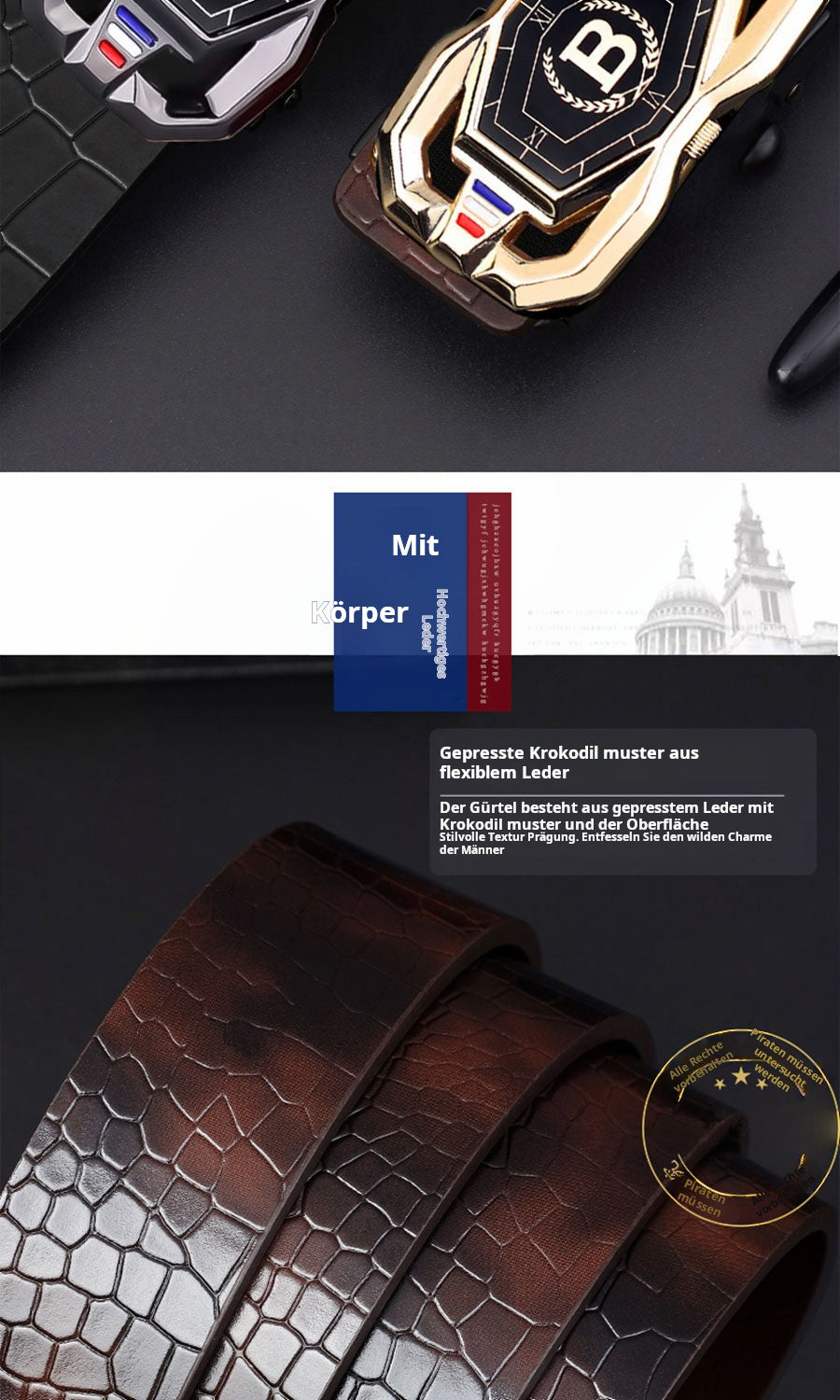 📢📢50%  OFF !! ⏰Leather belt for men with elegant crocodile leather pattern, with automatic buckle and made of cowhide.