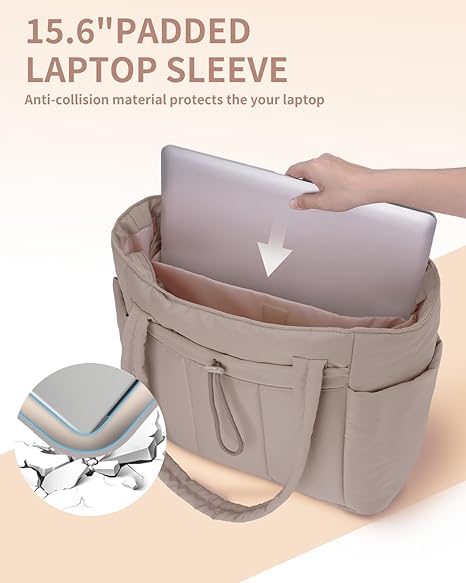 🎒 Natural Puffer Tote Bag – Nylon/Waterproof Lining – 20 L & Elastic Pocket for a 40 oz Water Bottle – Perfect for Work, the Gym, and Travel 🏋️
