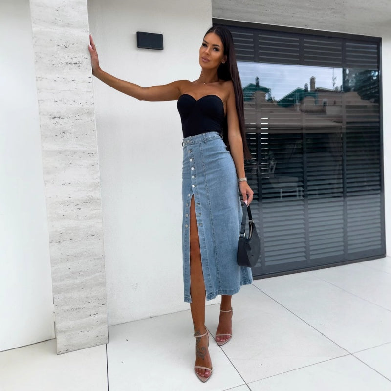 🎁2026 New Arrivals 50% OFF💥New arrivals offer-Stylish Button Closure Split Denim Bodycon Skirt✨