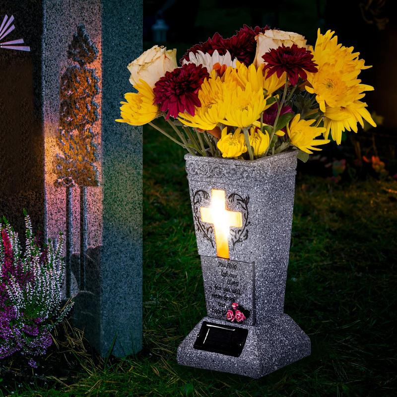 🪔 50% OFF! 💐Solar LED Grave Vase with Ground Spike for Cemetery Headstones – Memorial Flower Holder