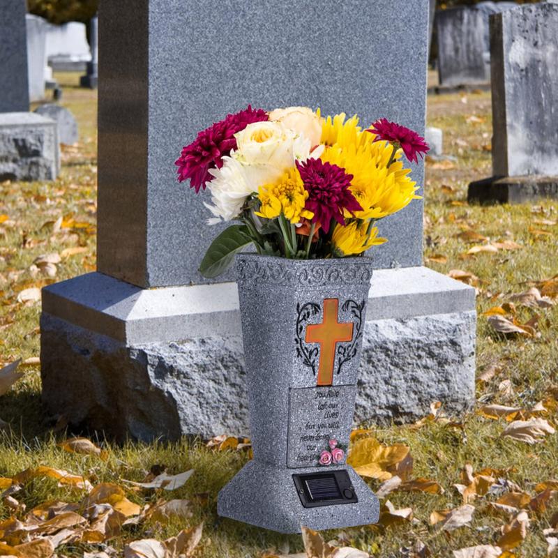 🪔 50% OFF! 💐Solar LED Grave Vase with Ground Spike for Cemetery Headstones – Memorial Flower Holder