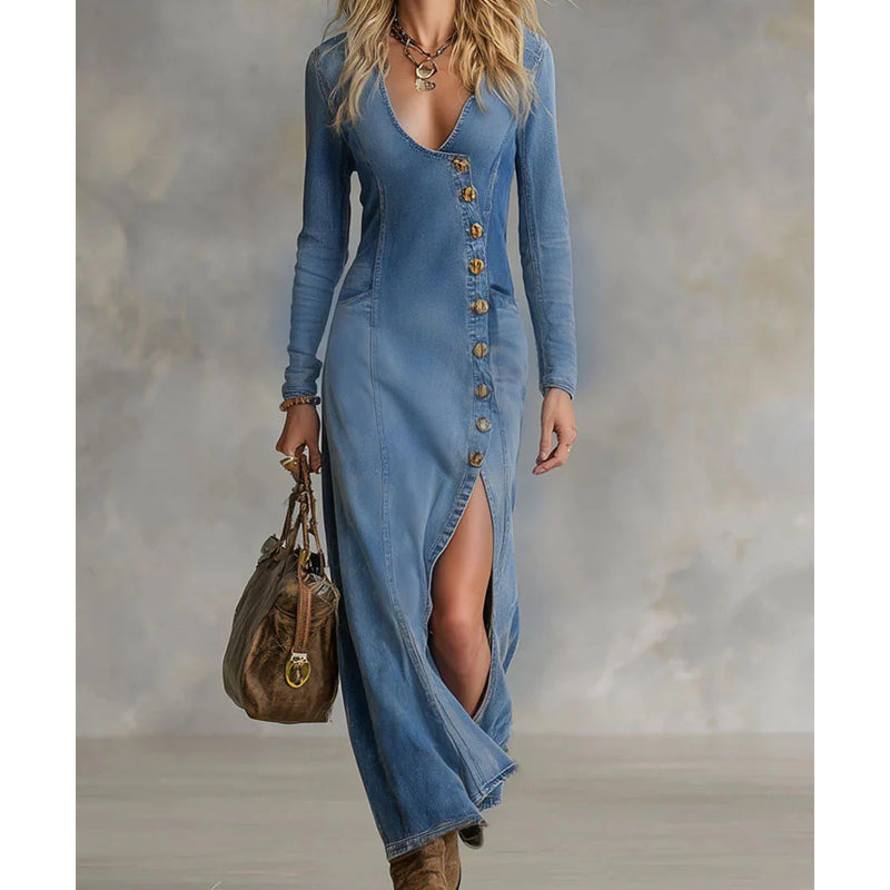 💎 Women's Long Sleeve V-Neck Maxi Dress – Soft Fabric, Bodycon Fit & Elegant High Slit 👗✨