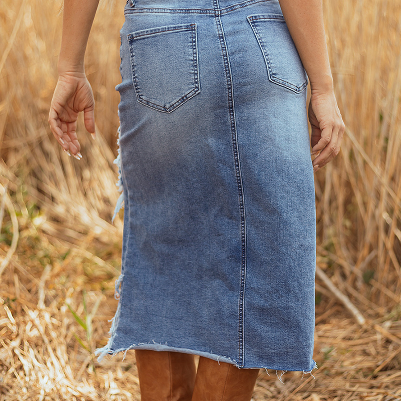 ⏳Time-Limited Special⏰Women's High-Waist Ripped Denim Midi Skirt – Asymmetrical Hem, Distressed Details & Flattering Fit 👖✨