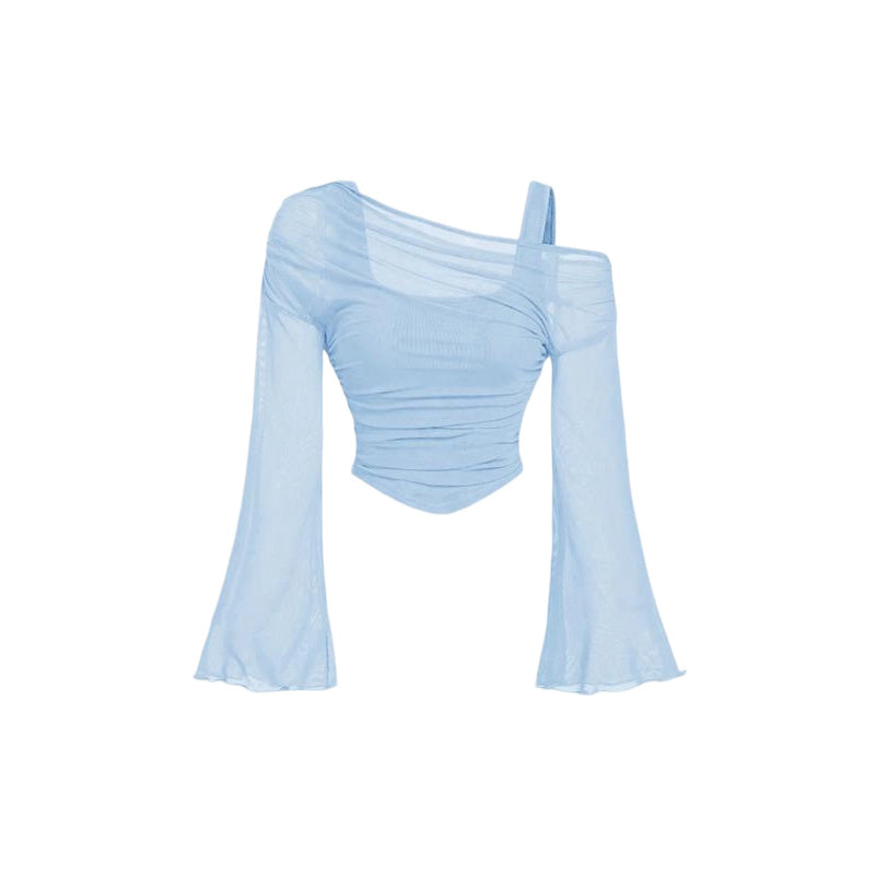 💚2026 New Arrival✨Off Shoulder Ruched Mesh Top with Flare Sleeves