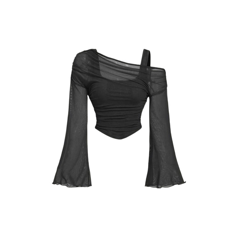 💚2026 New Arrival✨Off Shoulder Ruched Mesh Top with Flare Sleeves