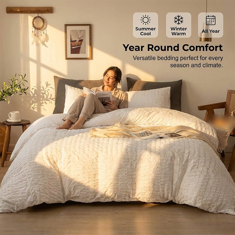 🔥50％ OFF🔥Luxury Seersucker Textured Bedding 4-Piece Set – Cool, Stylish & All Season!