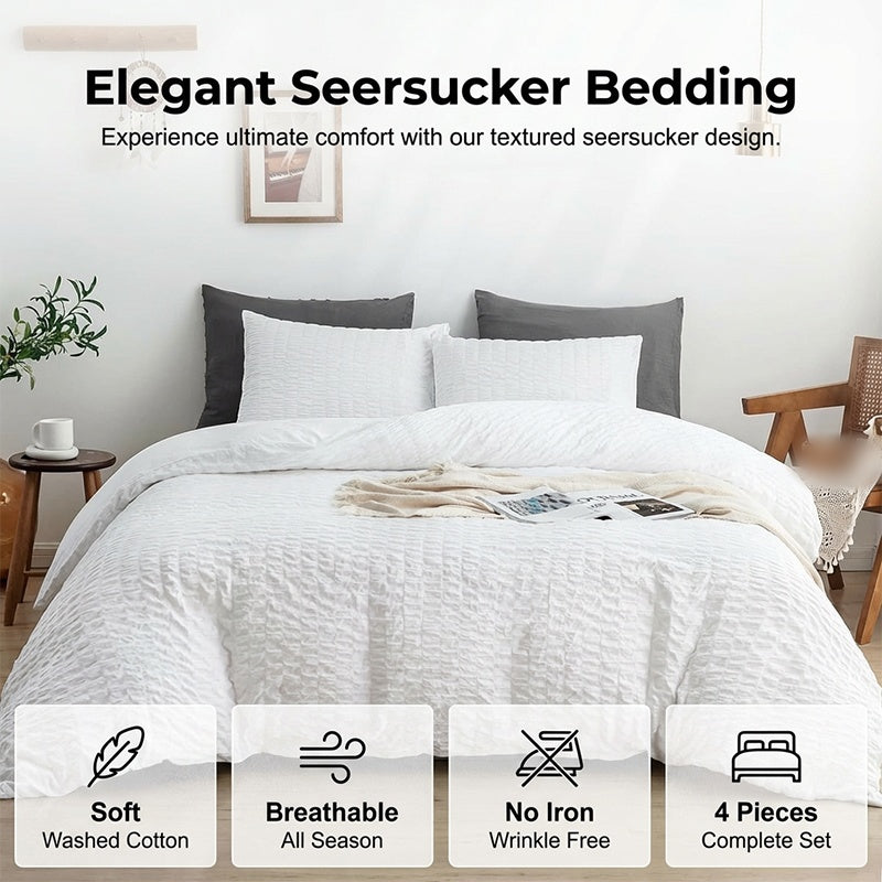 🔥50％ OFF🔥Luxury Seersucker Textured Bedding 4-Piece Set – Cool, Stylish & All Season!