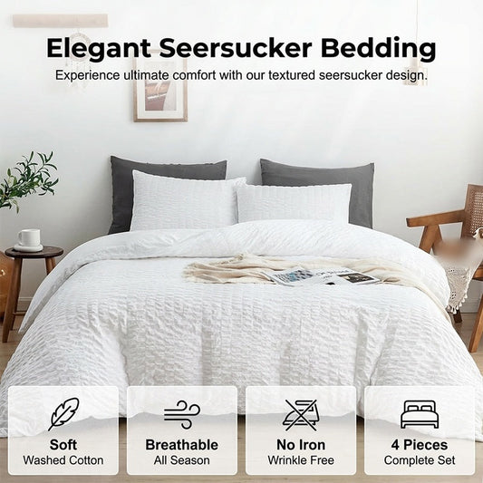 🔥50％ OFF🔥Luxury Seersucker Textured Bedding 4-Piece Set – Cool, Stylish & All Season!