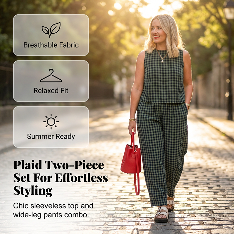 👚 49% OFF NOW! 🌞 Summer Gingham Print Tank & Trousers Outfit – Lightweight, Breathable & Perfect for a Stylish Look 💃