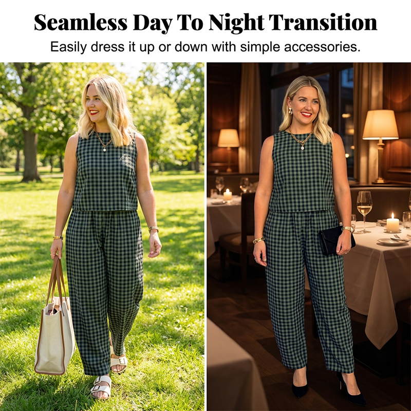 👚 49% OFF NOW! 🌞 Summer Gingham Print Tank & Trousers Outfit – Lightweight, Breathable & Perfect for a Stylish Look 💃
