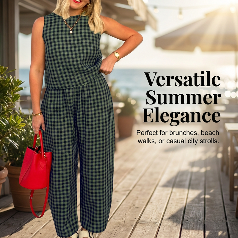 👚 49% OFF NOW! 🌞 Summer Gingham Print Tank & Trousers Outfit – Lightweight, Breathable & Perfect for a Stylish Look 💃