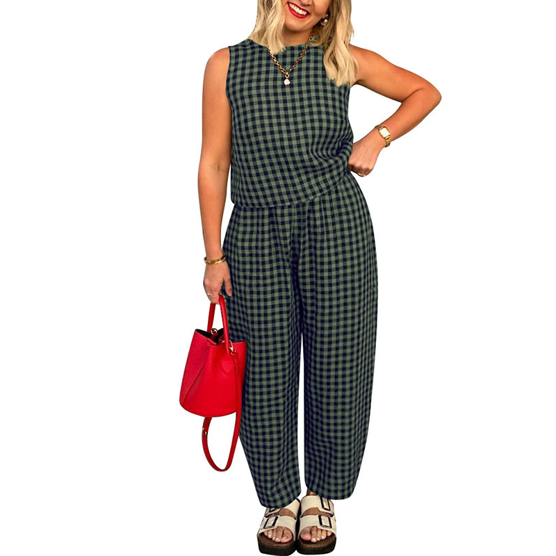👚 49% OFF NOW! 🌞 Summer Gingham Print Tank & Trousers Outfit – Lightweight, Breathable & Perfect for a Stylish Look 💃