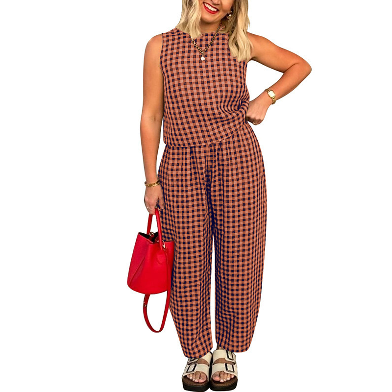 👚 49% OFF NOW! 🌞 Summer Gingham Print Tank & Trousers Outfit – Lightweight, Breathable & Perfect for a Stylish Look 💃
