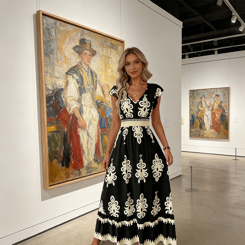 👗New arrival 49% OFF!🏖️Women's V-Neck Baroque Print Flowy Maxi Dress