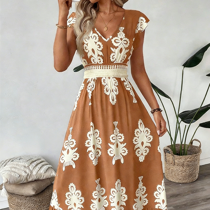 👗New arrival 49% OFF!🏖️Women's V-Neck Baroque Print Flowy Maxi Dress
