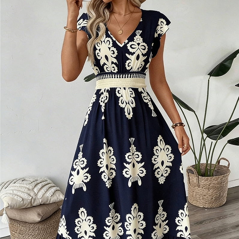👗New arrival 49% OFF!🏖️Women's V-Neck Baroque Print Flowy Maxi Dress