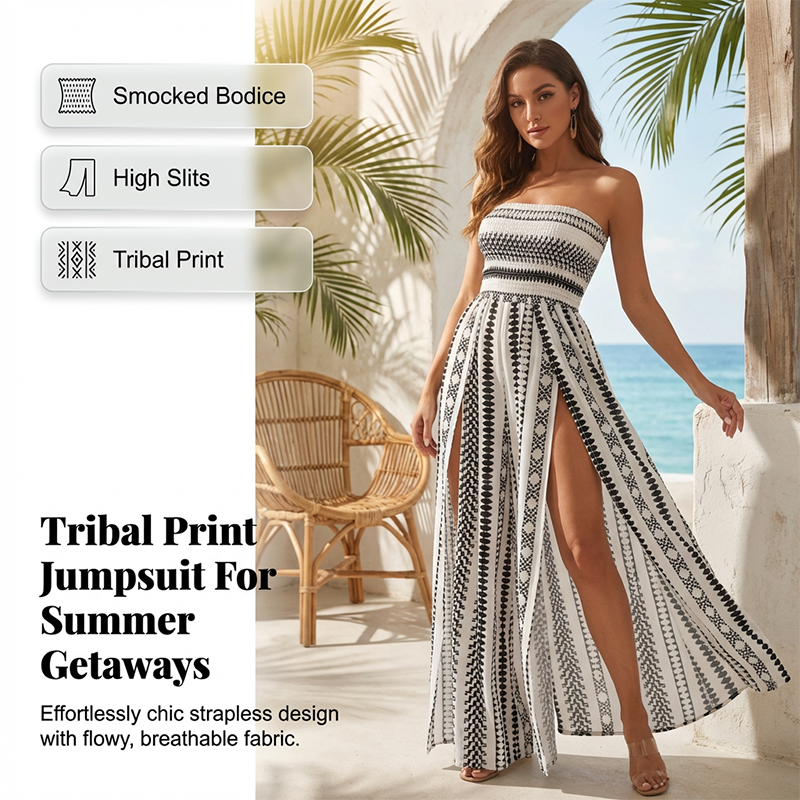 🎁New arrival 49% OFF💥 Geometric Print Smocked Bodice Jumpsuit