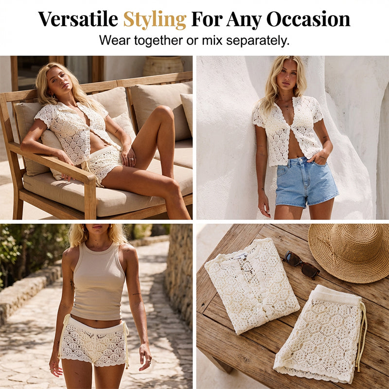 👚 50% OFF NOW! 🌸Chic Hollow-Out Summer Crochet Top & Shorts Set