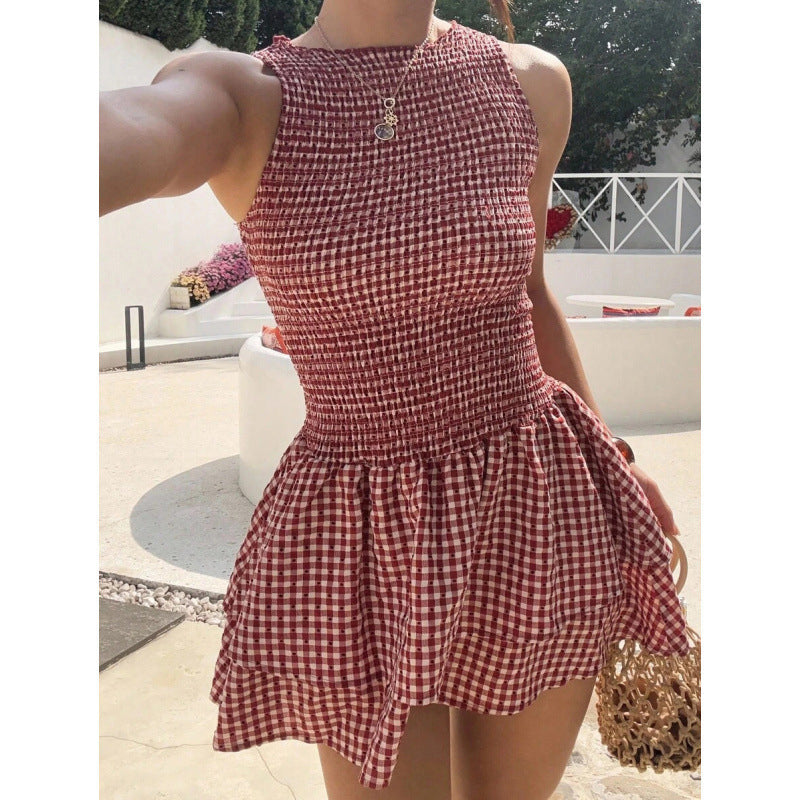 🥳SUMMER HOT SALE🥳💞50K+ SOLD!💥50% OFF! 🔥Sleeveless Gingham Smocked Mini Dress