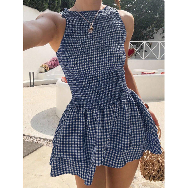 🥳SUMMER HOT SALE🥳💞50K+ SOLD!💥50% OFF! 🔥Sleeveless Gingham Smocked Mini Dress