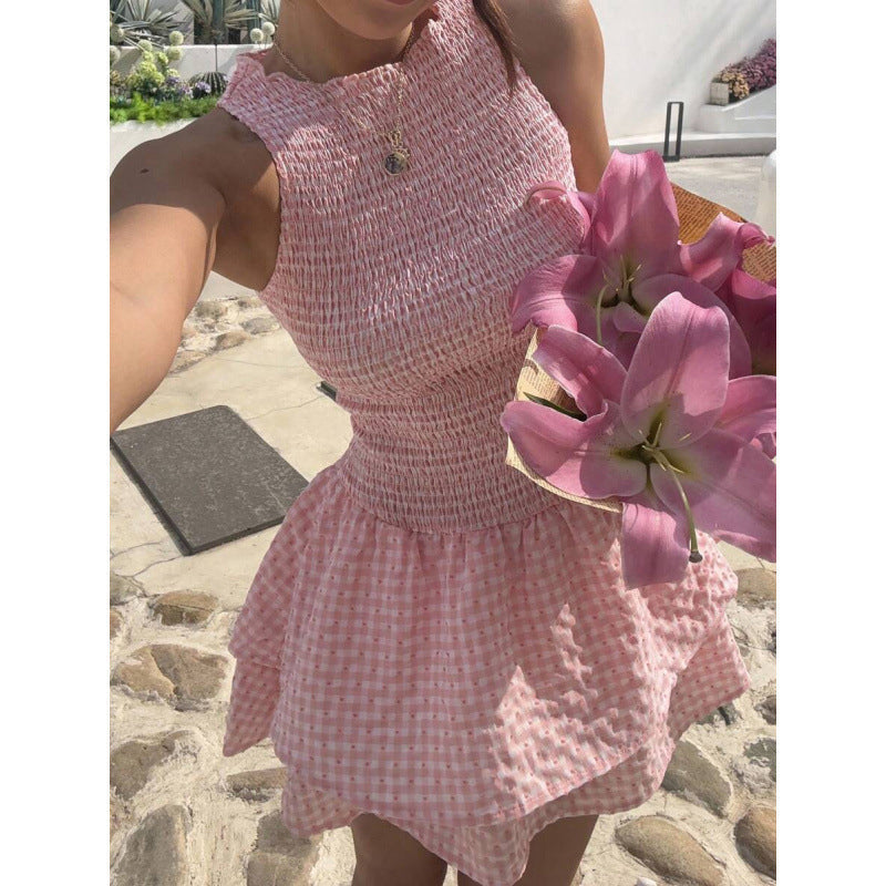 🥳SUMMER HOT SALE🥳💞50K+ SOLD!💥50% OFF! 🔥Sleeveless Gingham Smocked Mini Dress