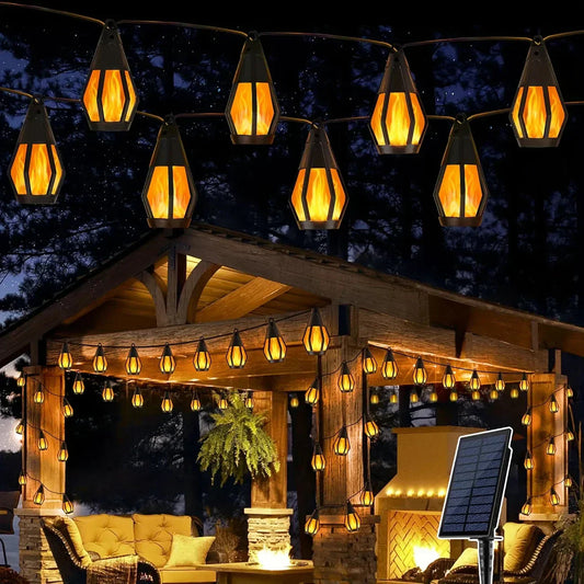 New IP65 Solar LED String Lights, flame-style, waterproof, for outdoor use, with sensor, for gardens, courtyards and camping, 360° beam angle
