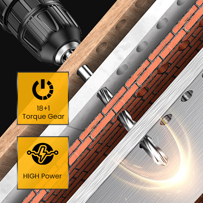 21V Cordless Drill Set with 1500mAh Battery, LED Work Light, Fast Charger, 45Nm Torque, 2 Speed Settings for Wood, Metal, Concrete