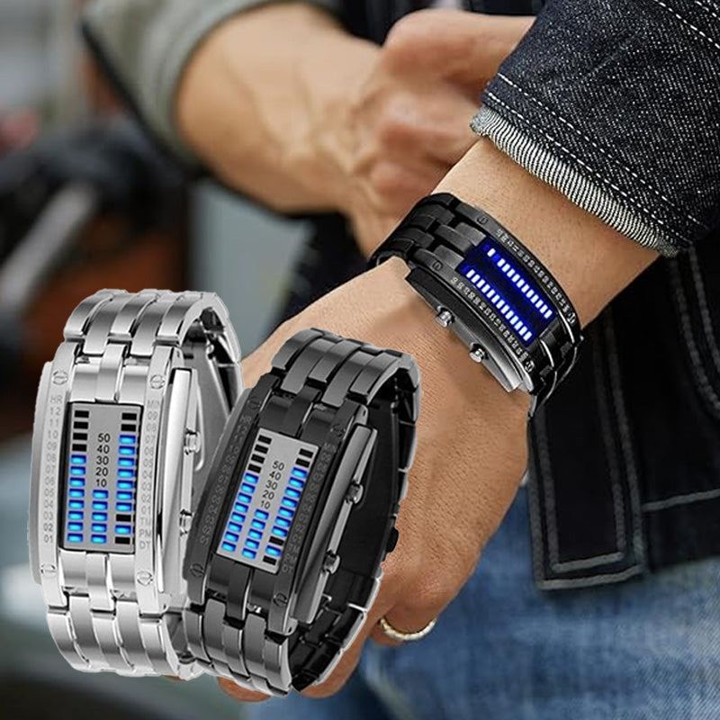 Men's Cool Binary Watch Stainless Steel LED Bracelet Style Fashion Blue Light Sports Watch Vacuum Plated Stylish Watch