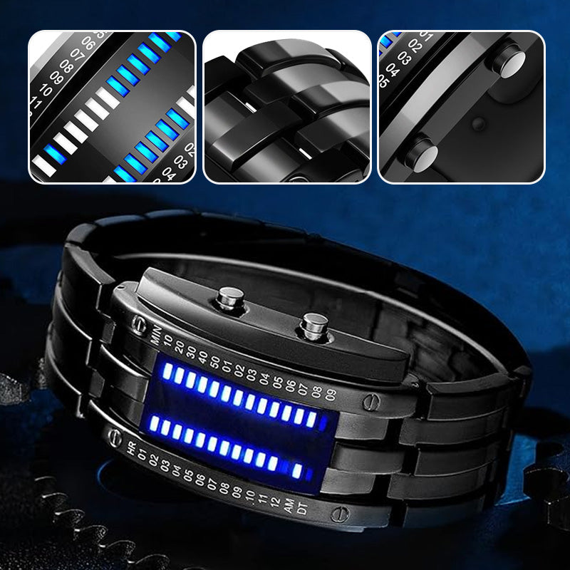 Men's Cool Binary Watch Stainless Steel LED Bracelet Style Fashion Blue Light Sports Watch Vacuum Plated Stylish Watch