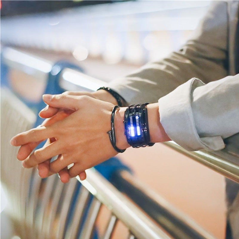 Men's Cool Binary Watch Stainless Steel LED Bracelet Style Fashion Blue Light Sports Watch Vacuum Plated Stylish Watch