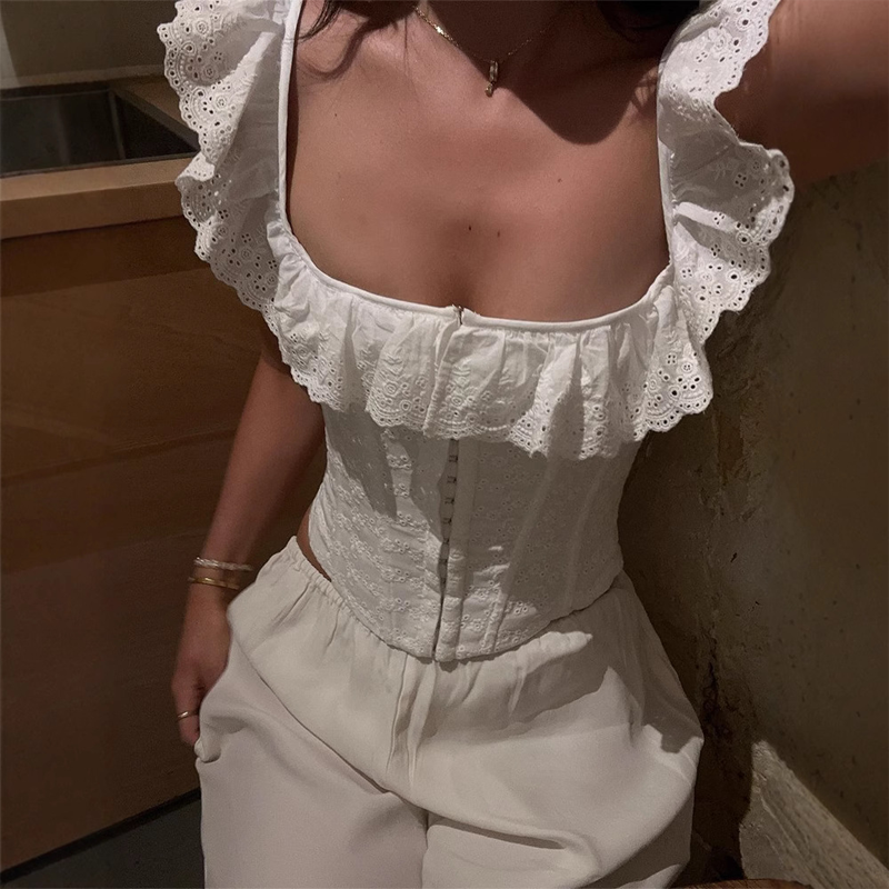 Ruffle Strap Lace-Up Corset Top