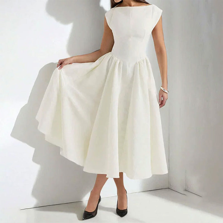 Solid Color Sleeveless Waist Cinching A-Line Dress