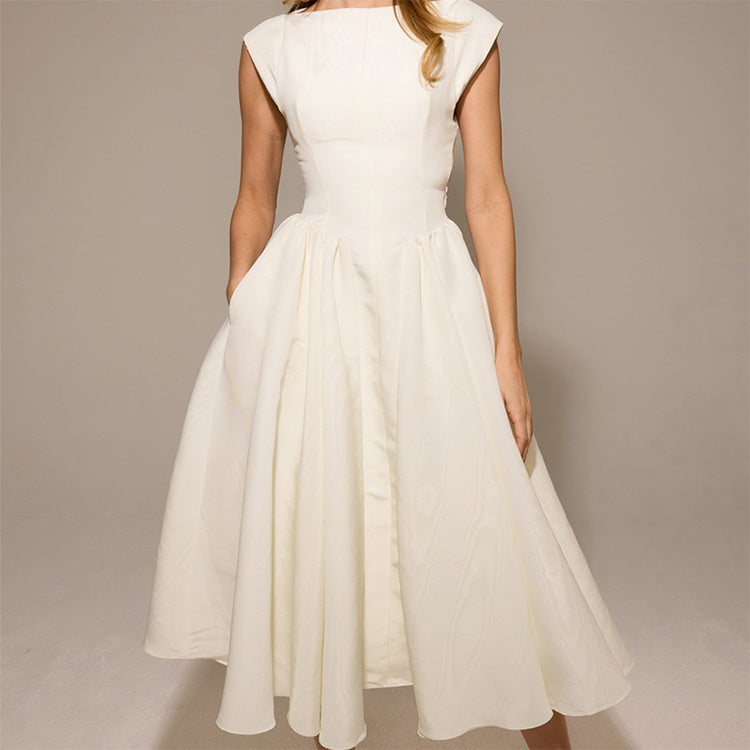 Solid Color Sleeveless Waist Cinching A-Line Dress