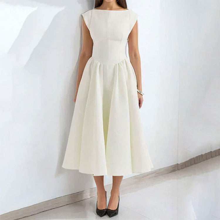 Solid Color Sleeveless Waist Cinching A-Line Dress