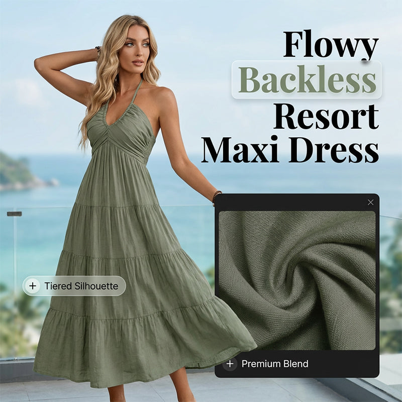 🌴 LIMITED-TIME 50% OFF! 👗 Women's Halter Neck Backless Maxi Dress – Tiered, Flowy, Resort Style 🌺