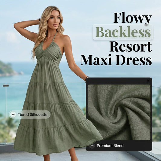 🌴 LIMITED-TIME 50% OFF! 👗 Women's Halter Neck Backless Maxi Dress – Tiered, Flowy, Resort Style 🌺